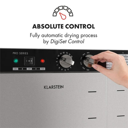 Klarstein Dörrautomat Edelstahl – 4.000-W-Dörrgerät, 48 Edelstahl-Einlegeböden, 30–90 °C, 24-Stunden-Timer, 6 Ventilatoren, 2 Trockenkammern, 50–55 dB, ideal für Obst, Gemüse, Fleisch, Kräuter, Silber
