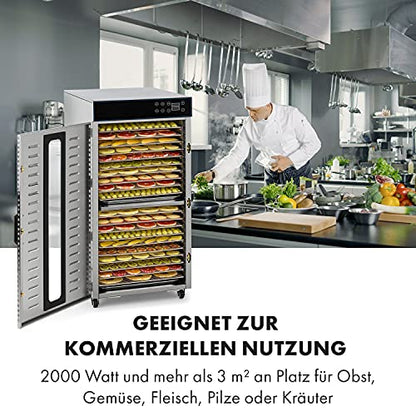 Klarstein Dörrautomat Edelstahl – 4.000-W-Dörrgerät, 48 Edelstahl-Einlegeböden, 30–90 °C, 24-Stunden-Timer, 6 Ventilatoren, 2 Trockenkammern, 50–55 dB, ideal für Obst, Gemüse, Fleisch, Kräuter, Silber
