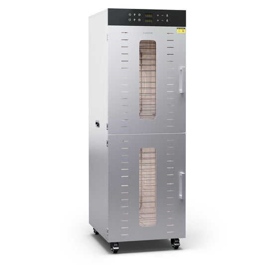 Klarstein Dörrautomat Edelstahl – 4.000-W-Dörrgerät, 48 Edelstahl-Einlegeböden, 30–90 °C, 24-Stunden-Timer, 6 Ventilatoren, 2 Trockenkammern, 50–55 dB, ideal für Obst, Gemüse, Fleisch, Kräuter, Silber