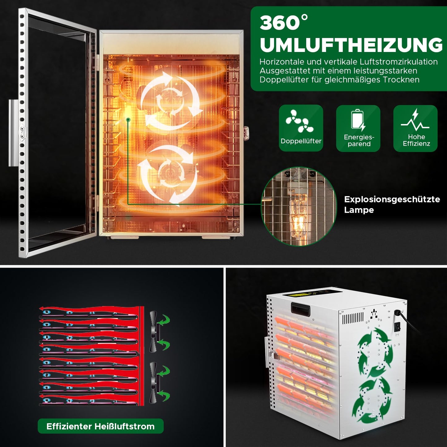 Kwasyo Dehydrator Stainless Steel, Double Fan 360° Efficient Dry, Dehydrator 12 Levels, 20-90°C Temperature Control, 24 Hour Timer, Overheating Protection, Recipe Book for Meat, Fruit, Vegetables,