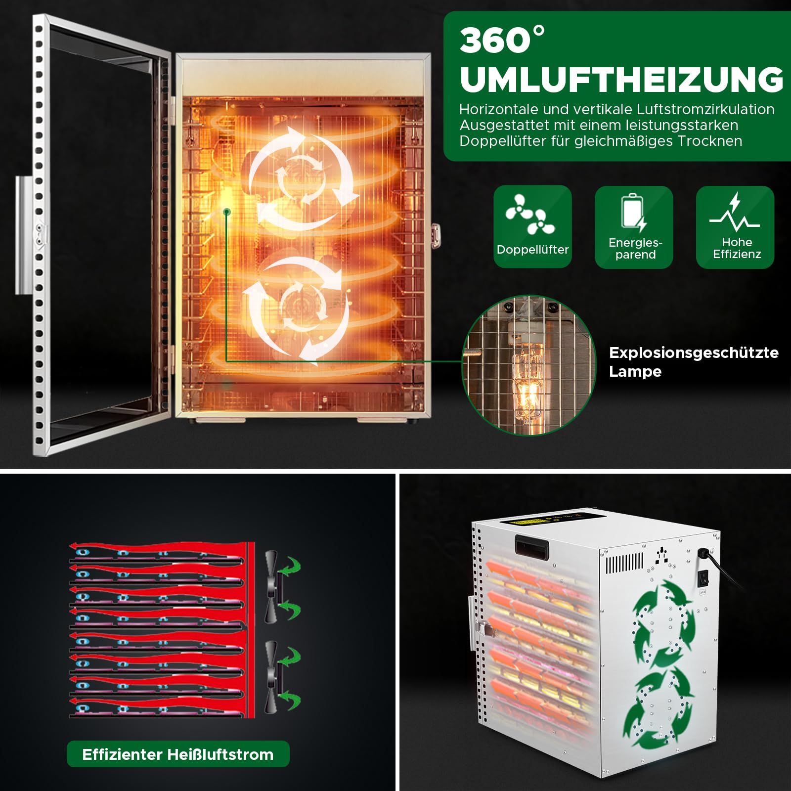 Kwasyo Dehydrator Stainless Steel, Double Fan 360° Efficient Dry, Dehydrator 12 Levels, 20-90°C Temperature Control, 24 Hour Timer, Overheating Protection, Recipe Book for Meat, Fruit, Vegetables,