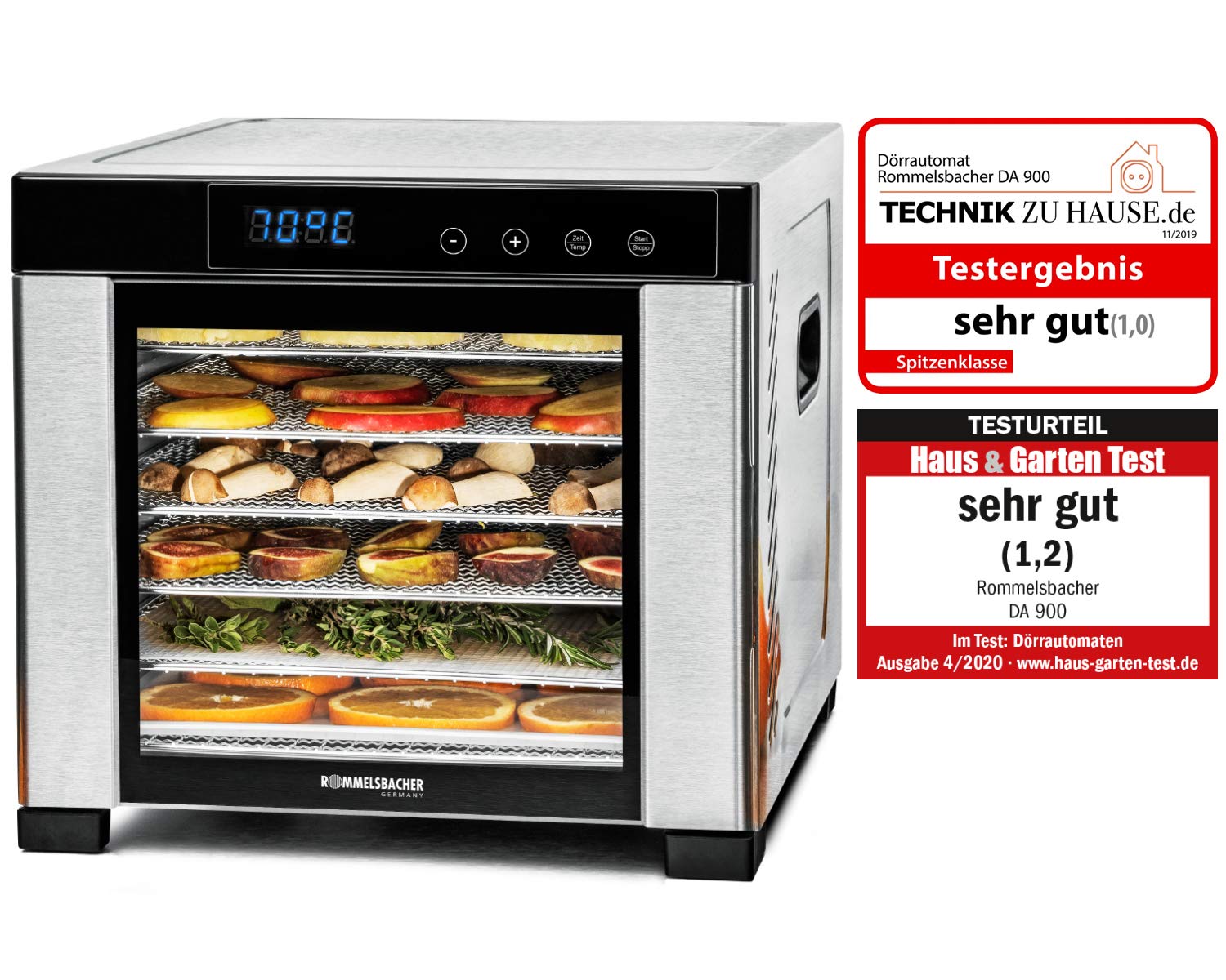ROMMELSBACHER Dörrautomat DA 1000, XXL-Dörrfläche 1,6 m², inkl. 10 Edelstahl-Dörrtabletts, 2 Dörrgitter, 2 Dörrmatten, LED-Display, 24 Std. Zeitschaltuhr, Temperatur einstellbar (35 °C – 75 °C)