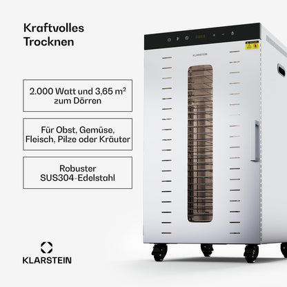 Klarstein Dörrautomat Edelstahl – 4.000-W-Dörrgerät, 48 Edelstahl-Einlegeböden, 30–90 °C, 24-Stunden-Timer, 6 Ventilatoren, 2 Trockenkammern, 50–55 dB, ideal für Obst, Gemüse, Fleisch, Kräuter, Silber