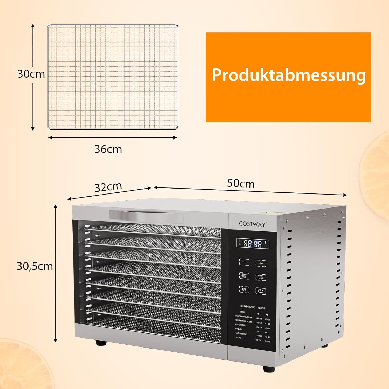 COSTWAY Dehydrator with 8 Grid Trays, 620W Dehydrator 30-70°C Temperature Control & 24H Timer, Overheating & Overload Protection, Food Dryer for Fruit, Meat, Vegetables