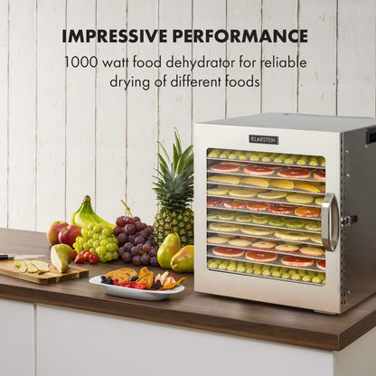 Klarstein Dörrgerät, Dörrautomat für Gemüse, Obst, Pilze & Fleisch, 1500W Edelstahl-Dörrautomat, Trockenautomat mit 16 Metallgitter, Dörrgerät mit 24H Timer & Touch-Display, Food Dehydrator