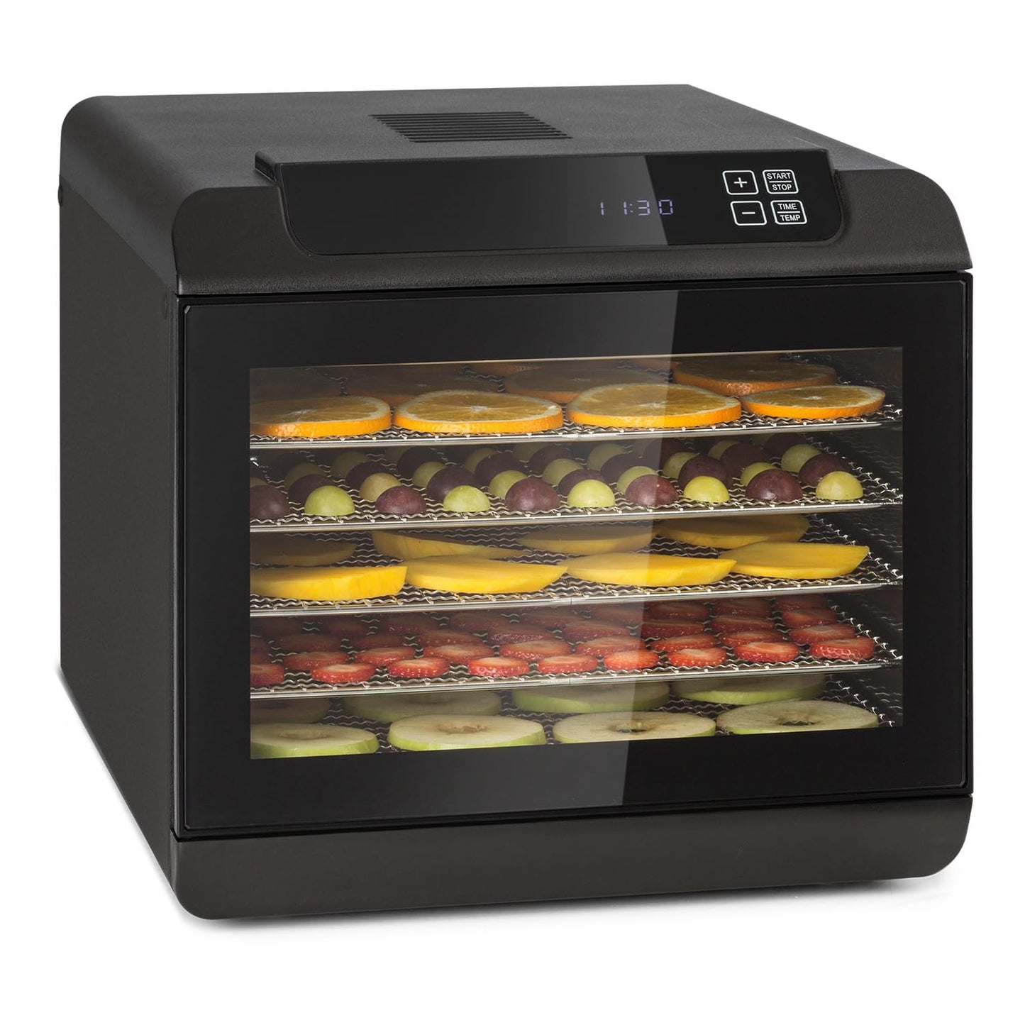 Klarstein Arizona Jerky Dörrautomat - Dörrgerät, Dehydrator, trocknet Obst, Fleisch und Früchte, 500 Watt, 35-70°C, 6 spülmaschinenfeste Einlagefächer, kurze Trockenzeit, Touch-Display, schwarz