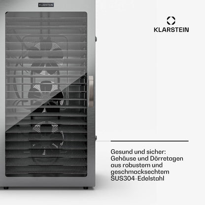 Klarstein Dörrgerät, Dörrautomat für Gemüse, Obst, Pilze & Fleisch, 1500W Edelstahl-Dörrautomat, Trockenautomat mit 16 Metallgitter, Dörrgerät mit 24H Timer & Touch-Display, Food Dehydrator