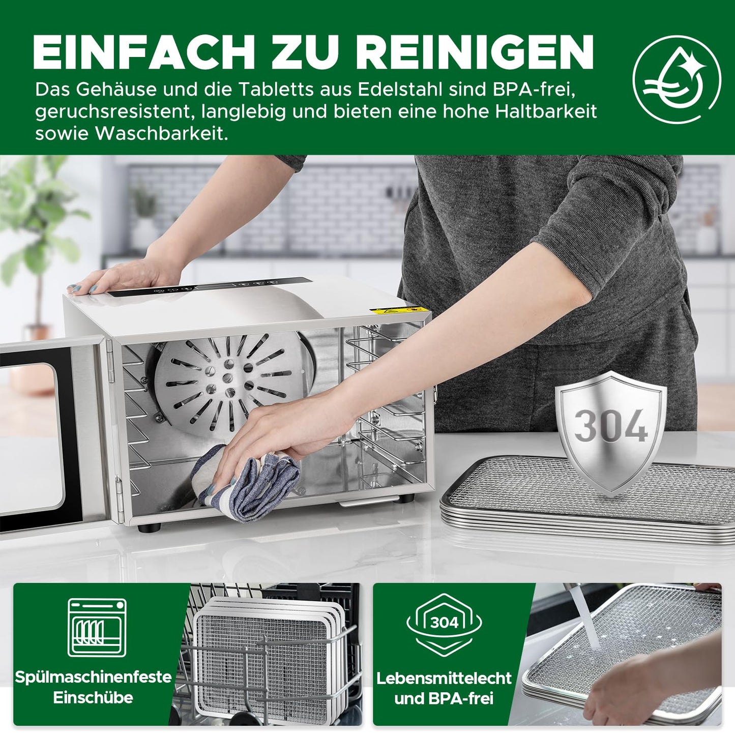 Kwasyo Dörrautomat Edelstahl DA 1000, XXL-Dörrfläche 1,8 m², Dörrgerät Temperatur einstellbar 30-90℃, LED-Display, 24 Std, BPA-frei, mit Rezeptheft, 10 Edelstahl-Dörrtabletts