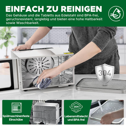 Kwasyo Dörrautomat Edelstahl DA 1000, XXL-Dörrfläche 1,8 m², Dörrgerät Temperatur einstellbar 30-90℃, LED-Display, 24 Std, BPA-frei, mit Rezeptheft, 10 Edelstahl-Dörrtabletts