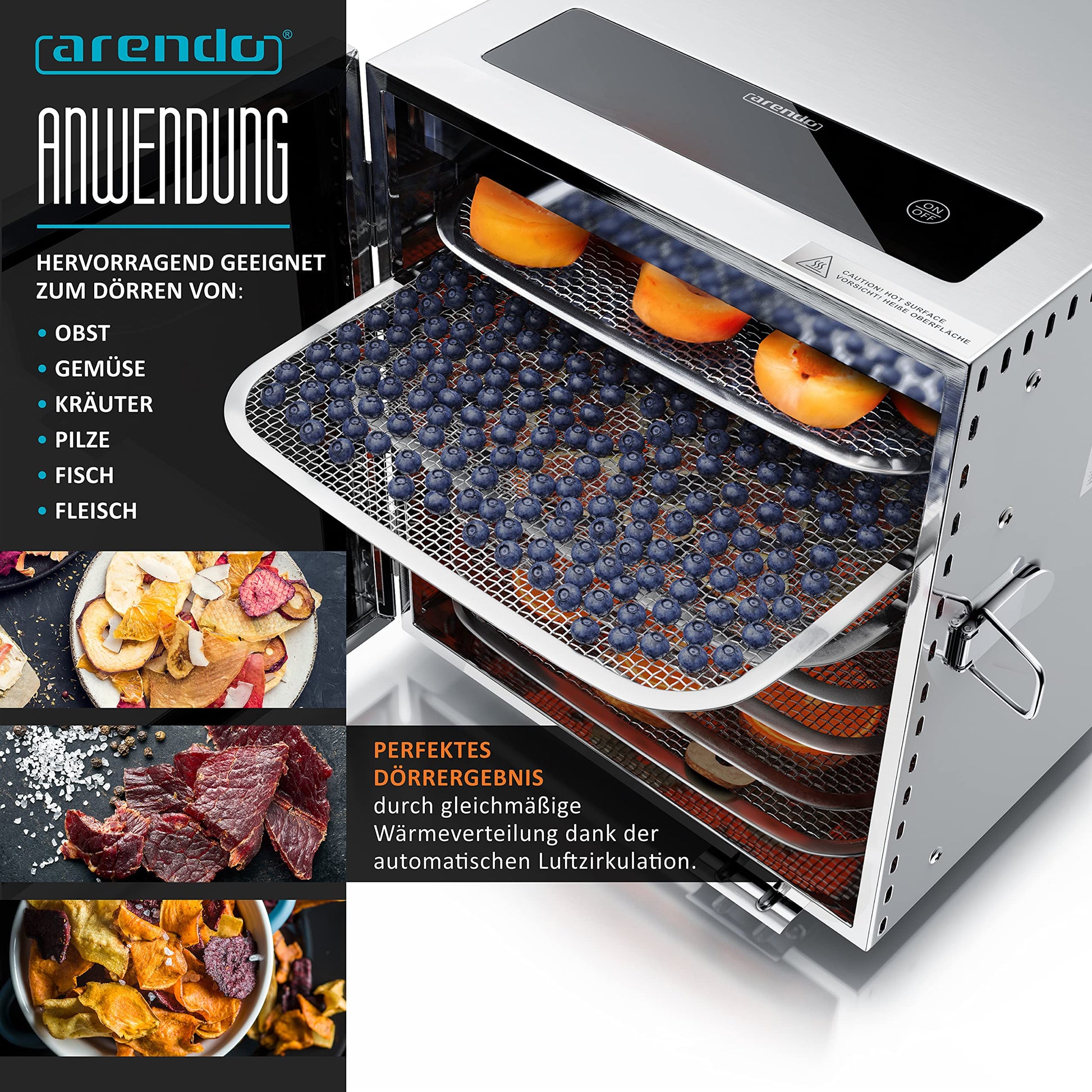 Arendo - Stainless steel dehydrator 8-fold - 500 watts with temperature control - dehydrator for food meat fruits fruit mushrooms - timer up to 24 hours - 8 compartments - GS - dehydrator